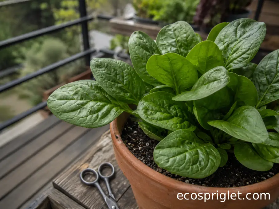 Mature spinach leaves ready for harvest in a terracotta balcony pot.