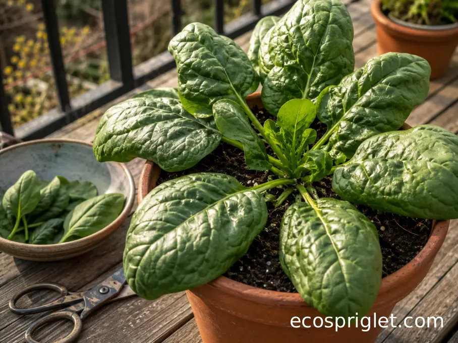 Outer spinach leaves surround an undamaged center crown ready for repeat harvesting.