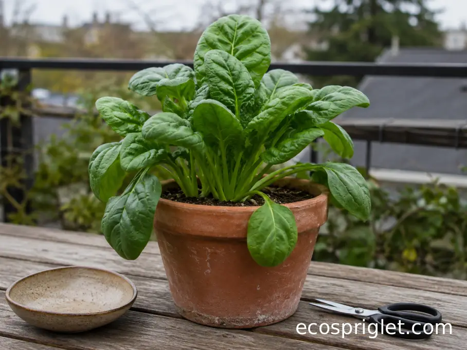 Mature spinach plant prepared for a whole-plant harvest in a terrace container.