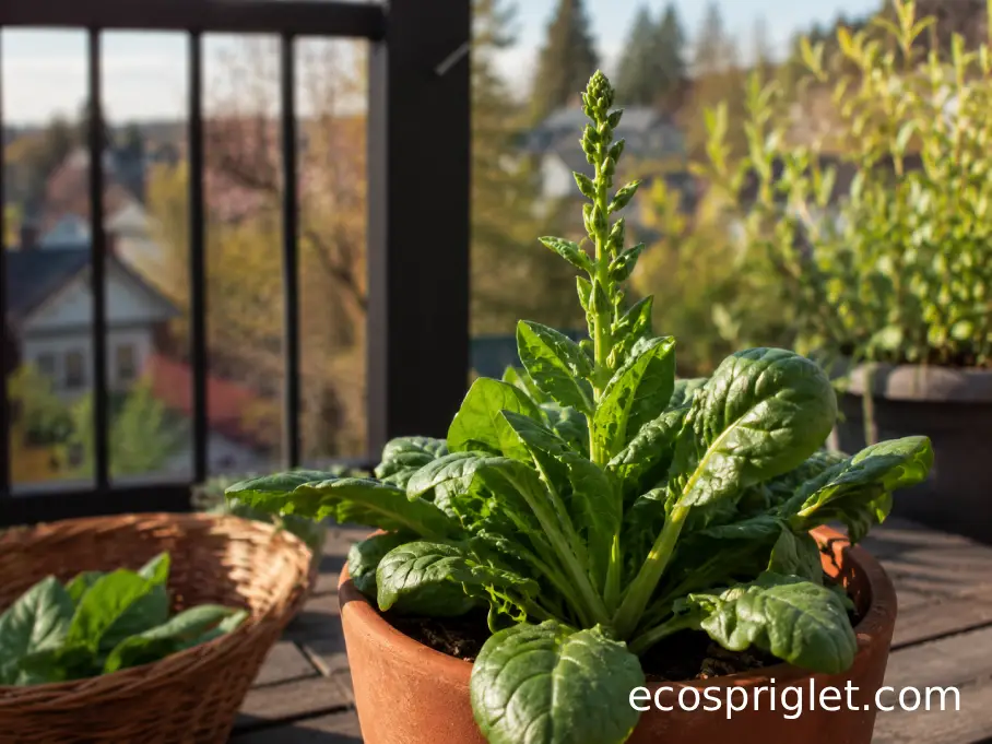 Spinach plant beginning to bolt with an elongated central stalk in a balcony pot.