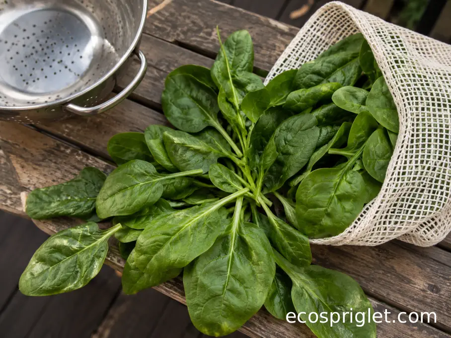 Dry freshly harvested spinach leaves beside an open produce bag and clean colander.
