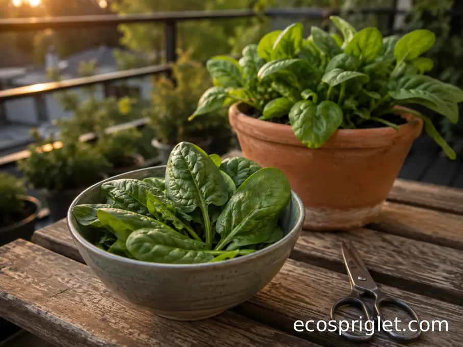Small bowl of freshly harvested spinach beside a productive balcony container.
