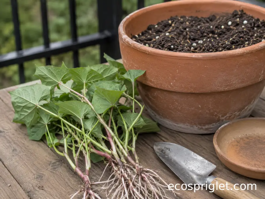 Rooted sweet potato slips ready for planting beside a terracotta container on a small balcony.