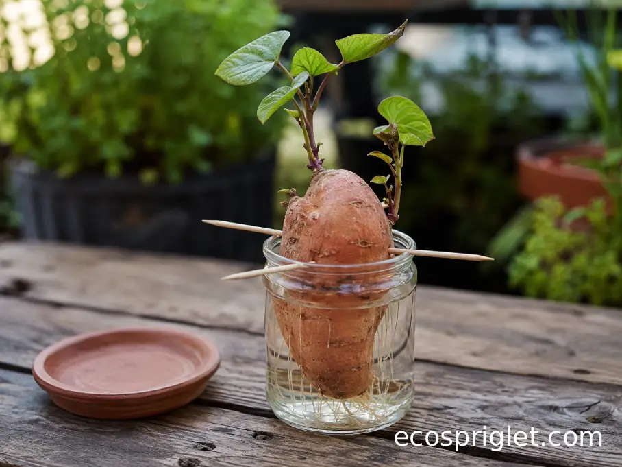 Sweet potato producing green slips above a glass of water on a sunny terrace table.