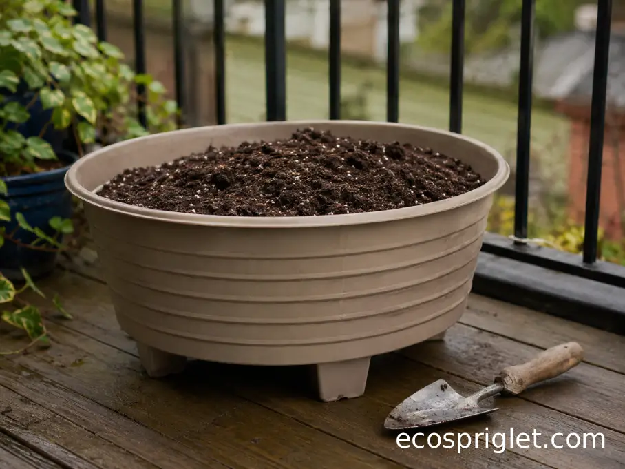 Large food-safe planter filled with loose potting mix for a sweet potato plant on a balcony.