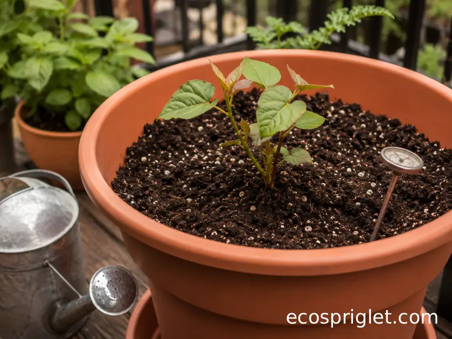 Newly planted sweet potato slip in warm loose soil inside a large terrace container.