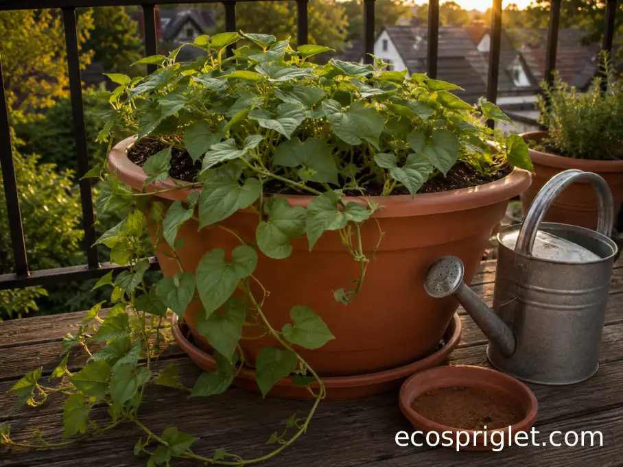 Healthy sweet potato vines trailing from a well-watered balcony container in summer.