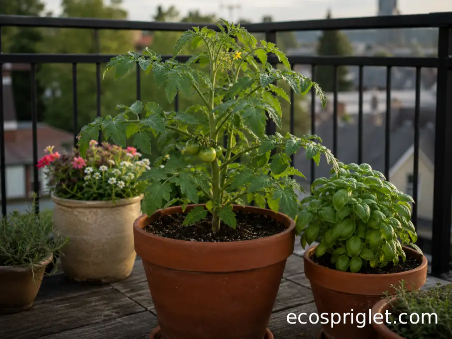 Tomato plant growing beside basil and small flowering companion plants in separate terracotta pots on a sunny balcony.