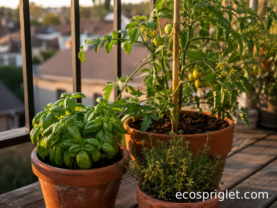 Compact basil and thyme plants arranged beside a supported container tomato on a wooden terrace.