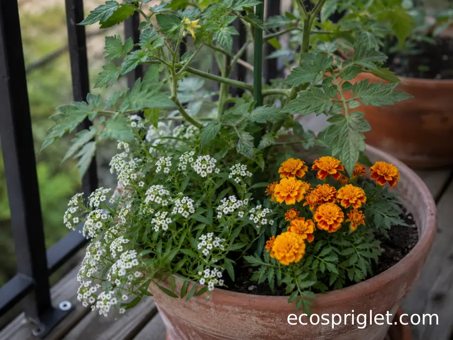 Sweet alyssum and marigolds flowering beside a container tomato on a small Portland terrace.