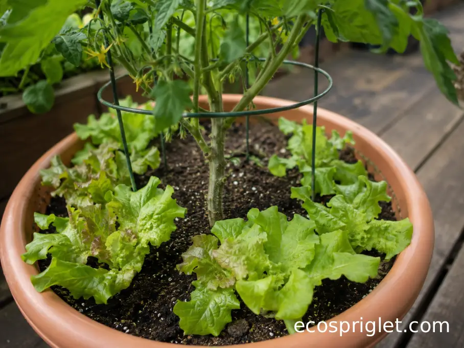 Leaf lettuce growing in the lightly shaded edge beneath a supported tomato plant in a raised container bed.