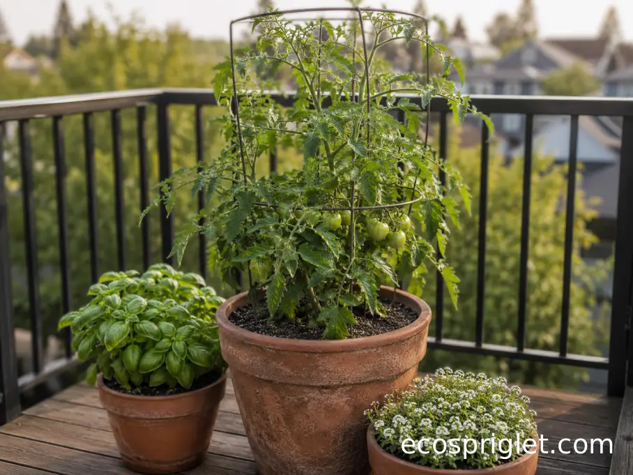 Large tomato container with separate small herb and flower pots grouped nearby on a balcony.