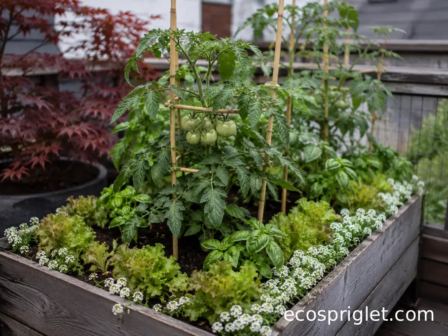 Raised bed with spaced tomato plants, basil, lettuce, and a narrow border of flowers on a compact terrace.