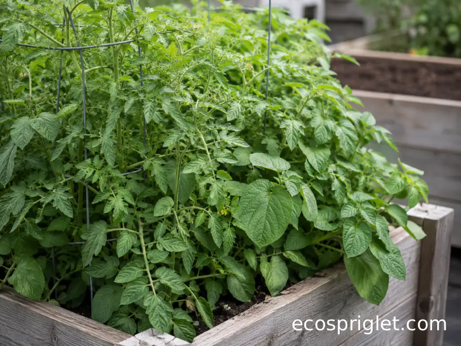 Crowded tomato and potato foliage illustrating poor companion spacing in a small raised bed.