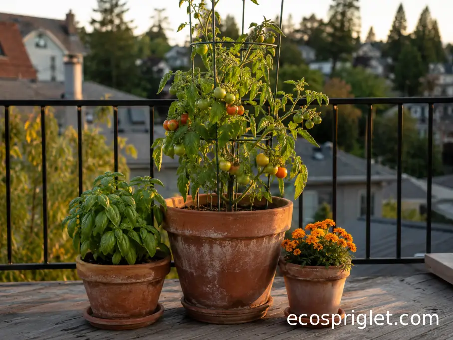 One supported tomato with separate basil and flowering companion pots arranged neatly on a compact balcony.