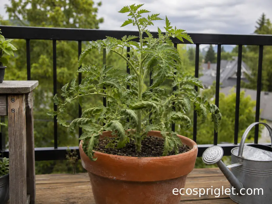 Healthy container tomato with firm lower leaves rolled upward from environmental stress.