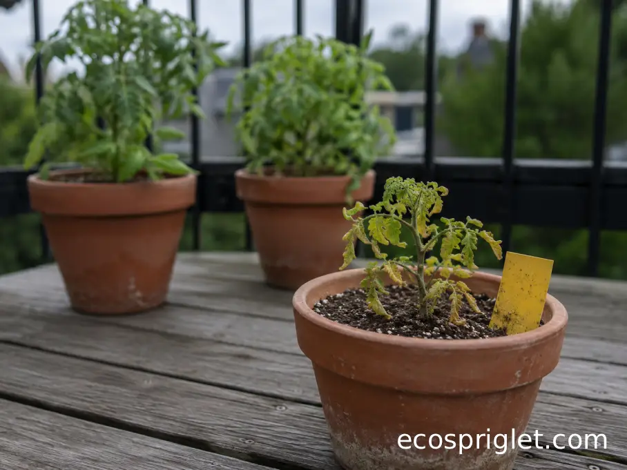 Suspect virus-infected potted tomato separated from healthy balcony tomato plants.