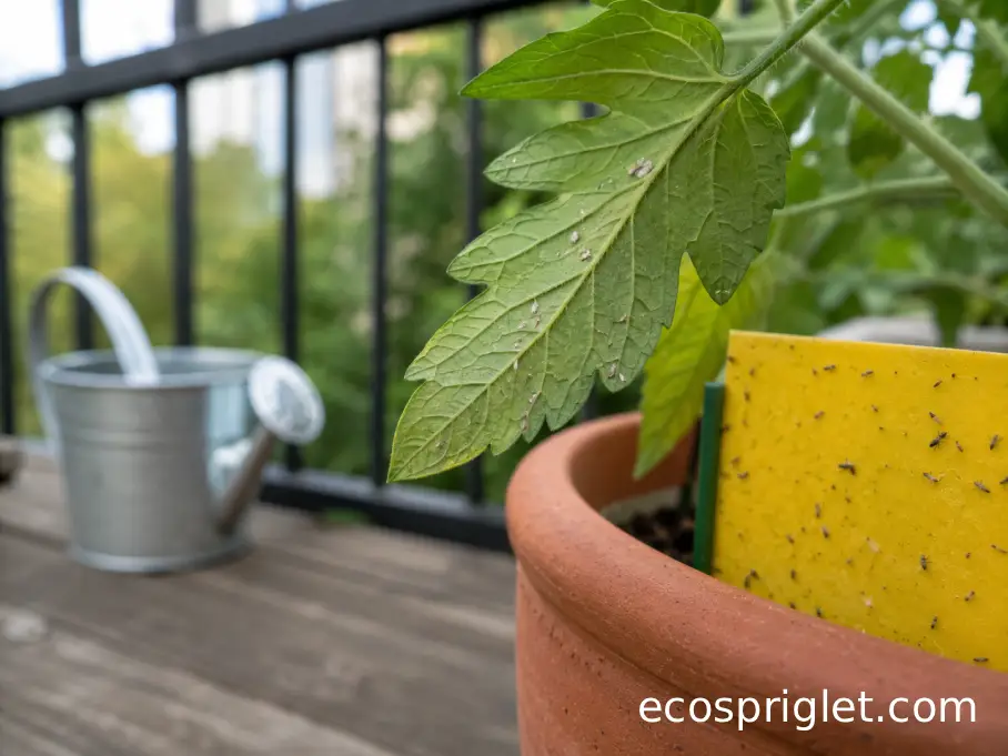 Yellow sticky trap beside tomato leaves being checked for whiteflies on a small balcony.