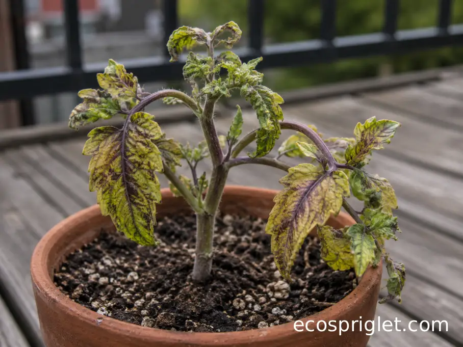 Tomato with upward-rolled yellow leaves and purple veins typical of curly top symptoms.