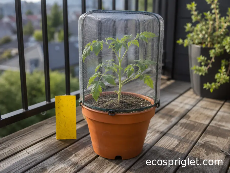 Healthy young tomato transplant protected with fine insect mesh on an urban balcony.