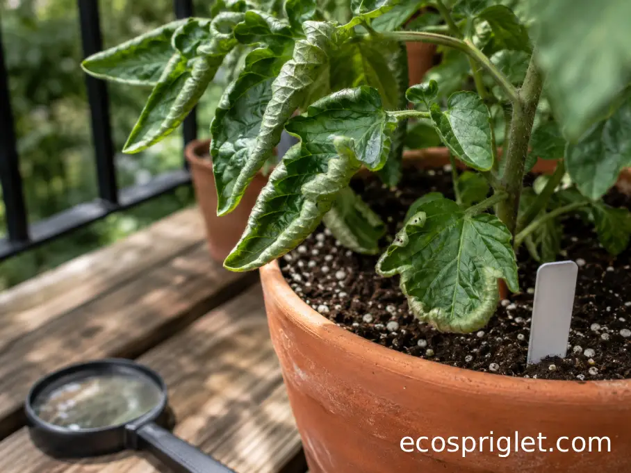 Green tomato leaves showing upward physiological curling in a terracotta balcony pot.