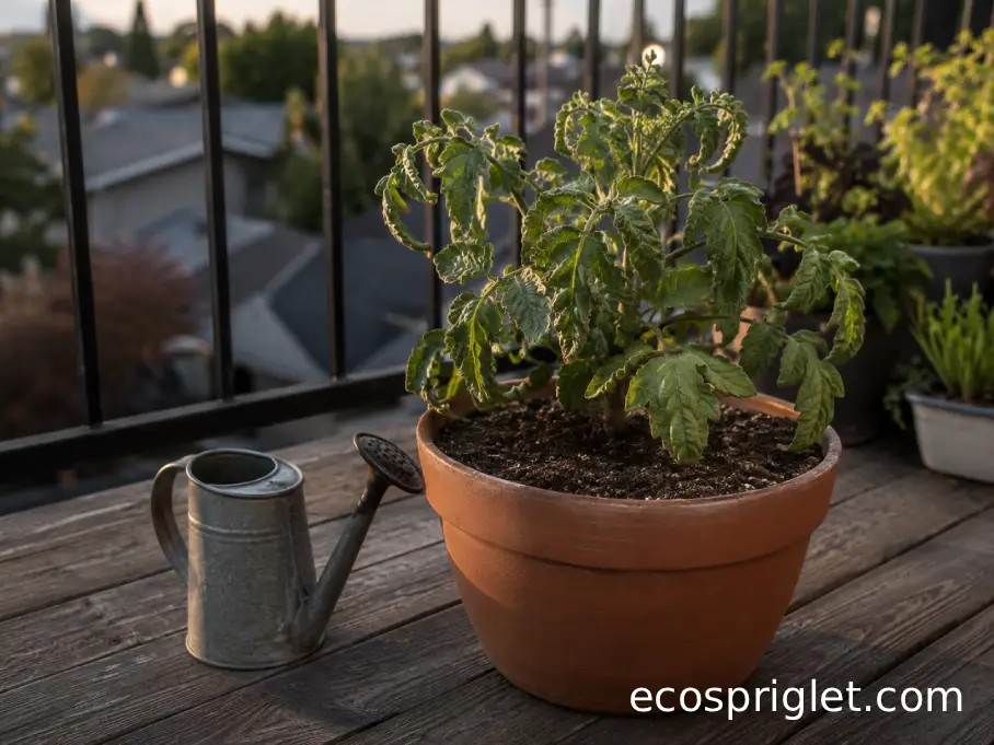 Container tomato with upward-curled leaves beside dry potting mix and a watering can on a sunny balcony.