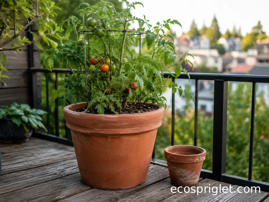 Tomato plant in a wide well-drained container beside a noticeably undersized pot on a wooden terrace.