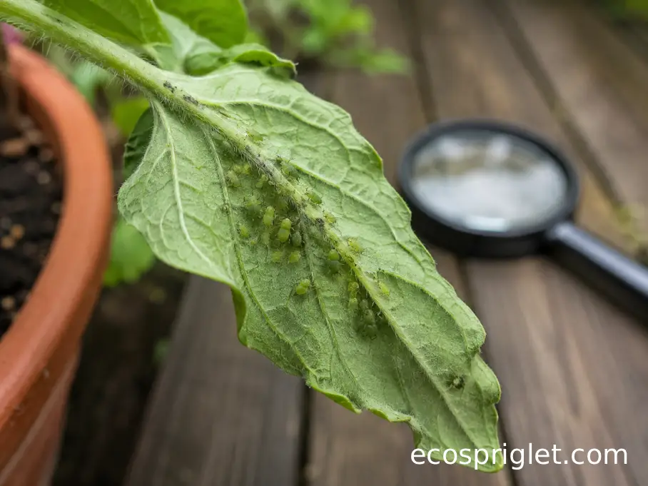 Close view of a curled tomato leaf being inspected for tiny sap-feeding pests on its underside.