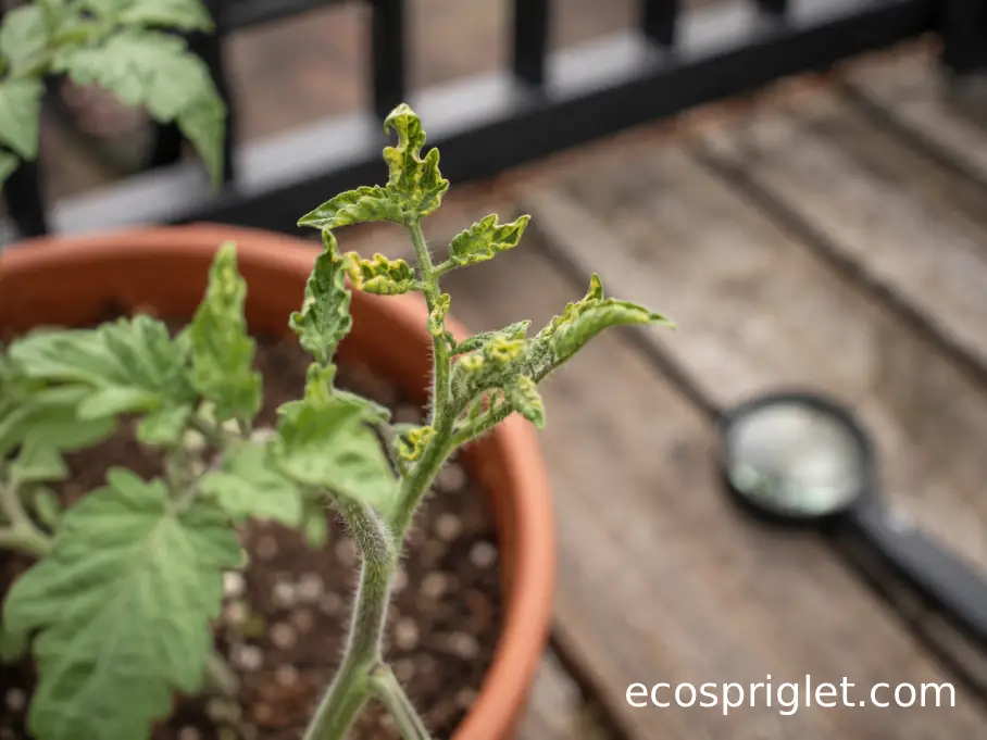 Stunted tomato growing tip with small yellow-edged crumpled leaves in a balcony container.