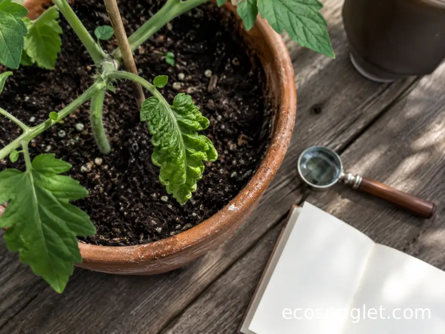 Potted tomato being monitored with a moisture check, hand lens, and notebook on a small terrace.