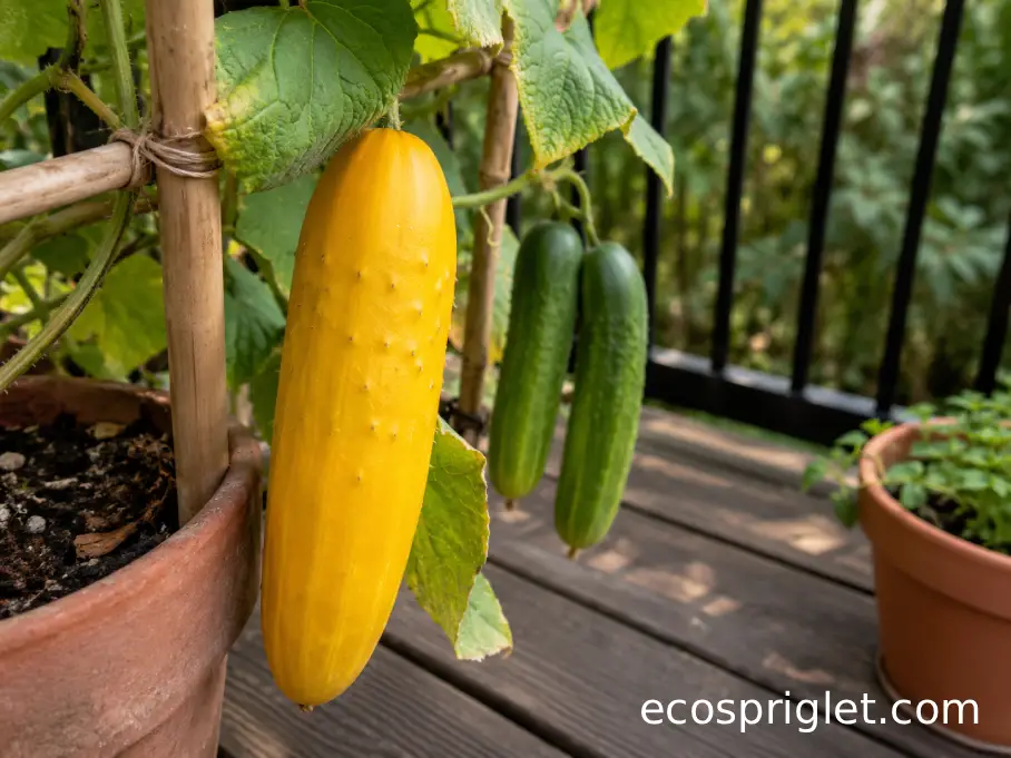 Large yellow overripe cucumber beside younger green cucumbers on a balcony vine.