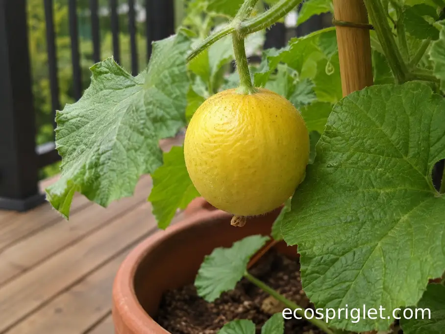 Naturally yellow Lemon cucumber growing in a terracotta container on a small terrace.
