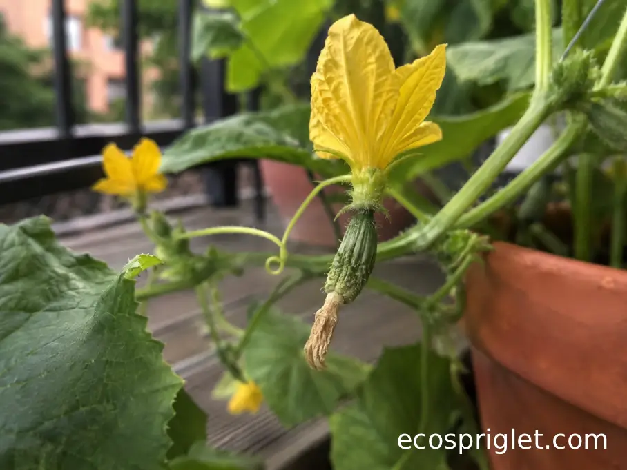 Tiny misshapen cucumber fruit beside an open female flower on a container-grown vine.