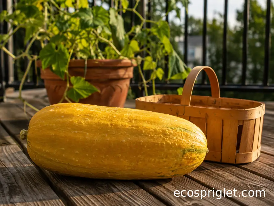 Oversized fat yellow cucumber resting beside a harvest basket on wooden balcony decking.