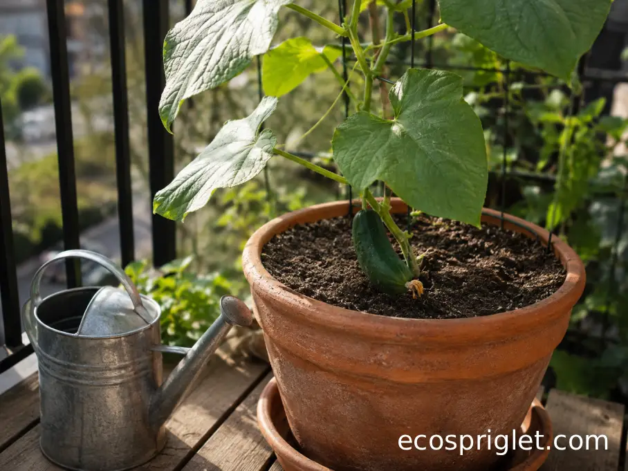 Terracotta cucumber container with dry topsoil and a small watering can on a sunny balcony.