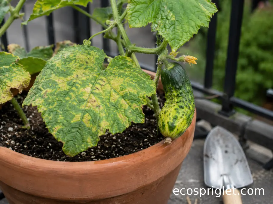 Cucumber vine with mottled yellow-green leaves and a distorted blotchy fruit in a terracotta pot.