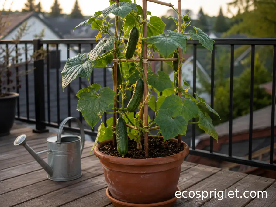 Healthy green cucumber vine recovering on a tidy small balcony trellis.