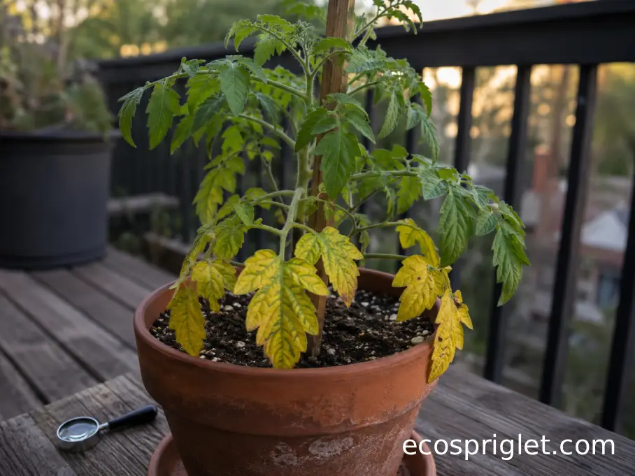 Tomato plant in a terracotta container with yellow lower leaves and healthy green growth above.