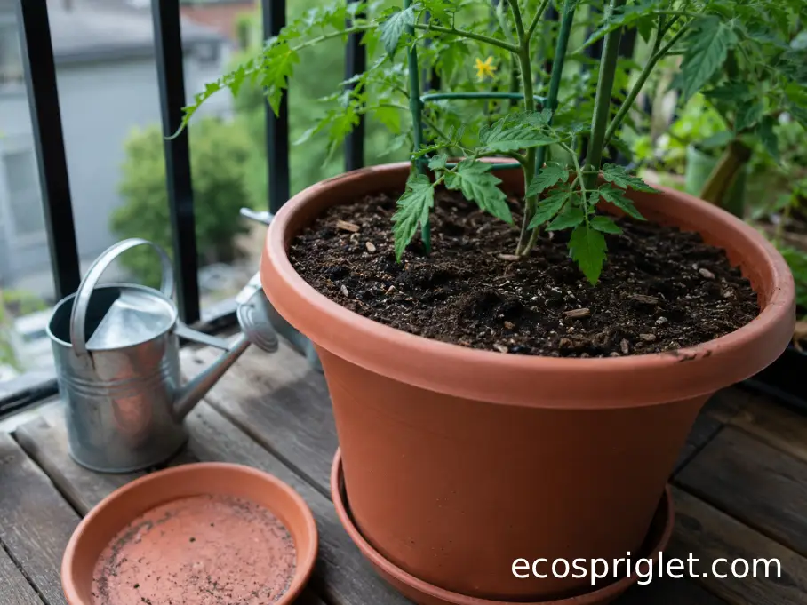 Moisture being checked in a terracotta tomato pot beside an empty drainage saucer.