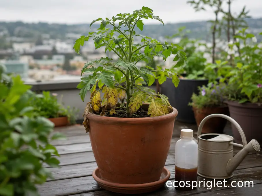 Container tomato with pale yellow lower leaves and healthy greener growth at the top.