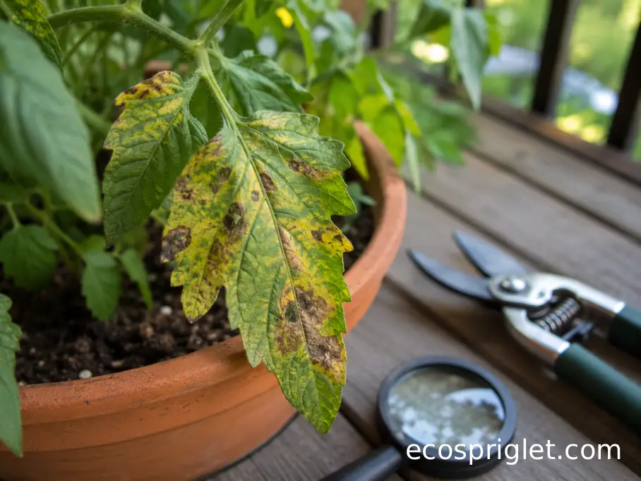 Yellowing tomato leaf with brown disease-like spots beside a small hand lens and pruning snips.