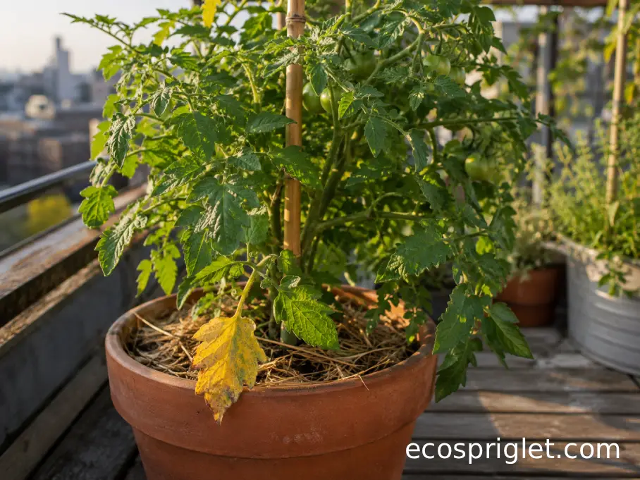 Mature container tomato with one yellow lower leaf and healthy green foliage above.