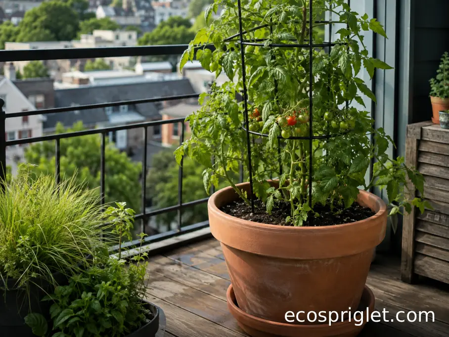Healthy tomato plant growing in a large terracotta container on a sunny apartment balcony.