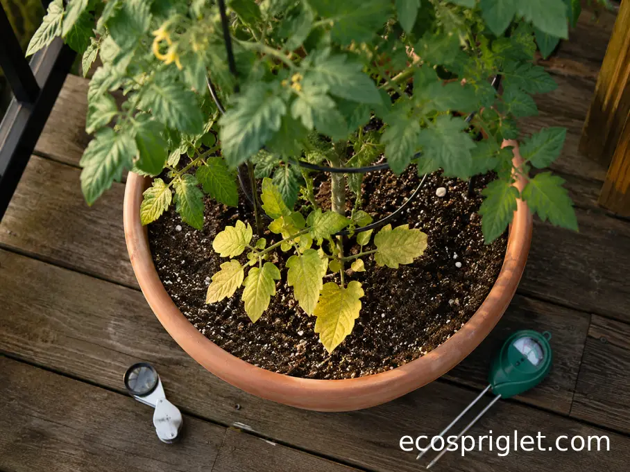 Container tomato with yellow lower foliage being checked beside a hand lens and moisture meter.