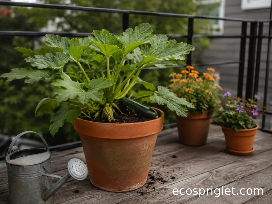 Zucchini plant growing beside two flowering companion pots on a small wooden balcony.