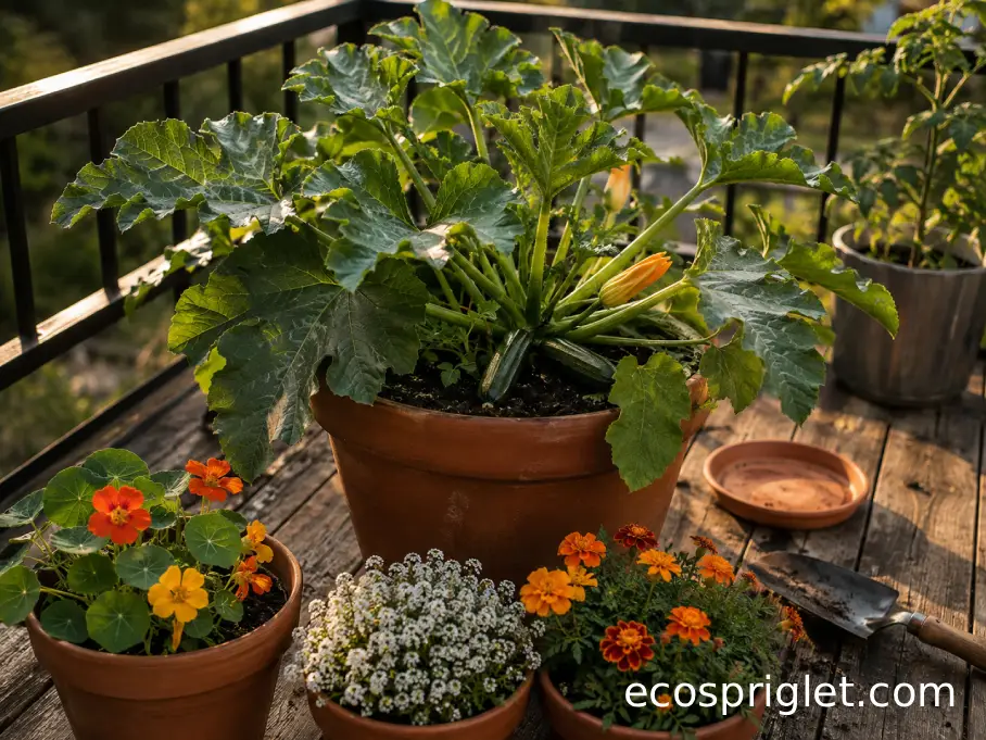 Nasturtium, alyssum, and marigolds in separate pots beside container-grown zucchini.