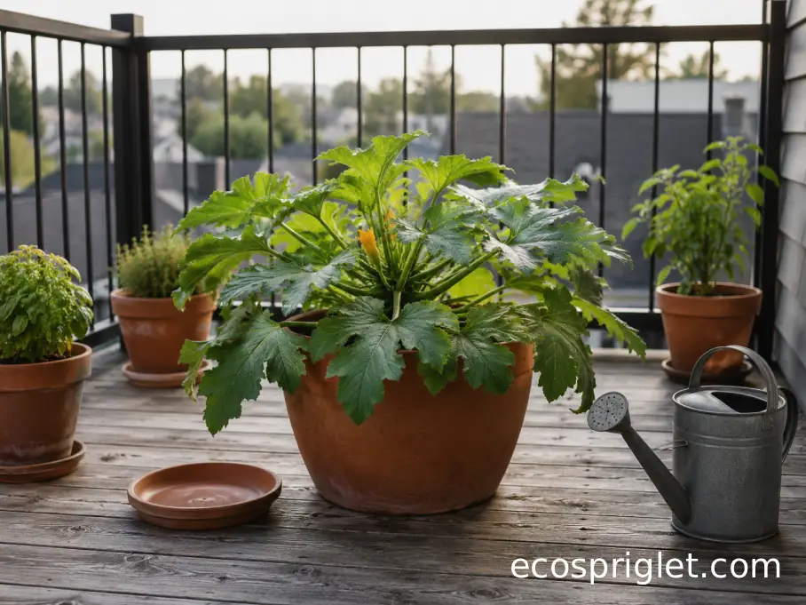 Large zucchini pot surrounded by smaller companion containers with open space between them.