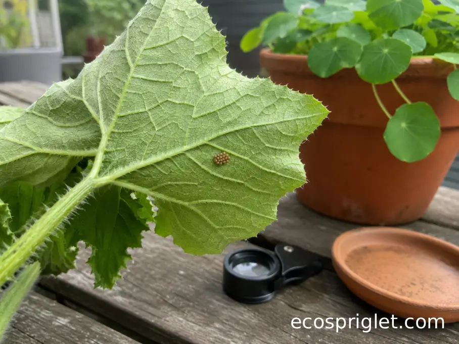 Underside of a zucchini leaf with squash bug eggs and a nearby pot of nasturtium.
