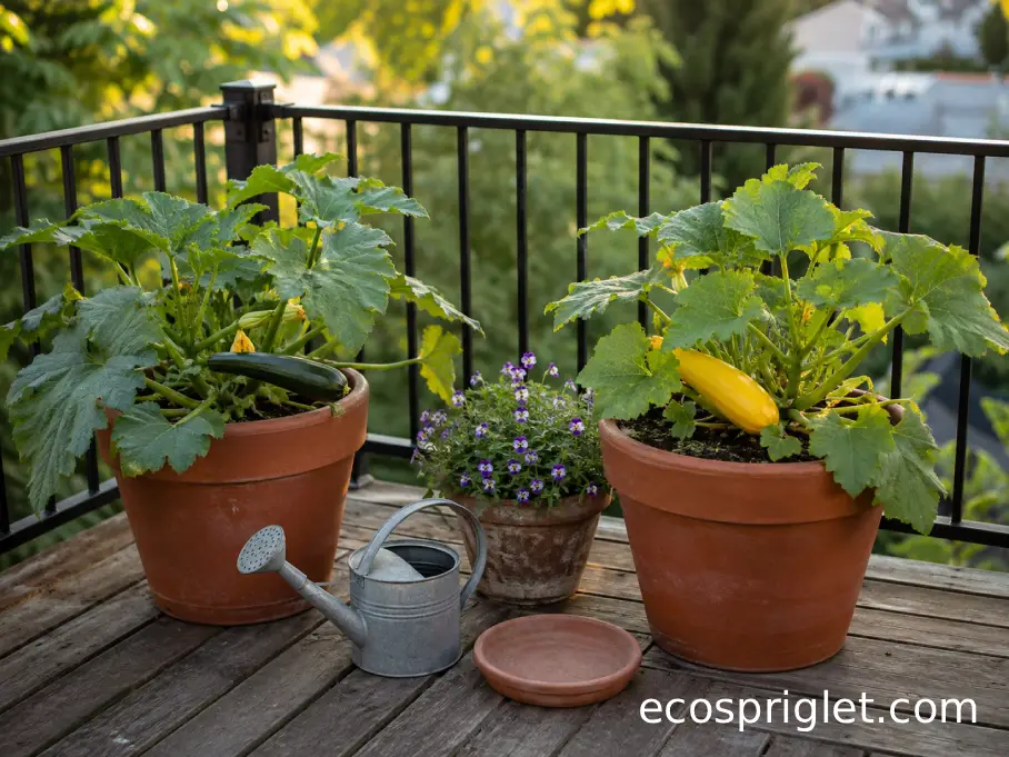 Green zucchini and yellow summer squash in separate balcony pots with flowering companions nearby.
