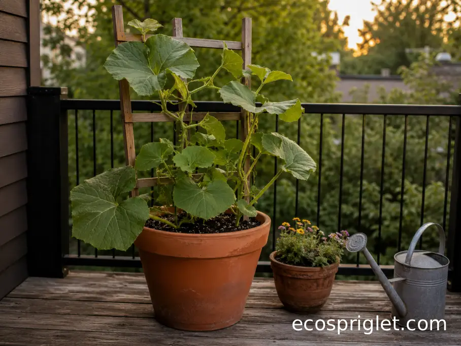 Young container-grown butternut squash beside a separate pot of low flowering companions.